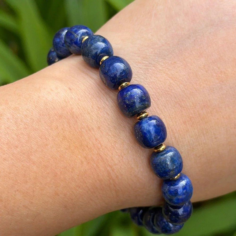 10mm stretchable stainless steel‎ blue lapis barrel shape bracelet 0808